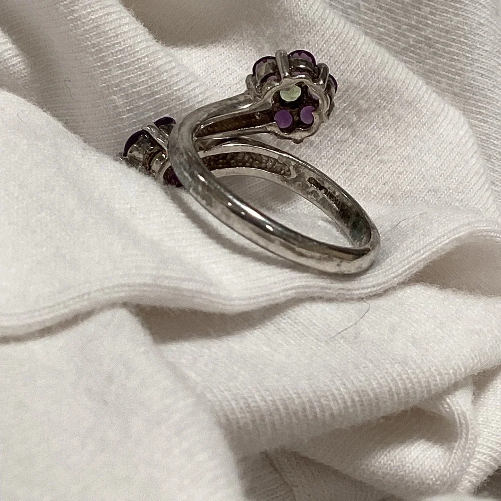 925 silver double flower Ring from Thailand💜💚vintage 70s